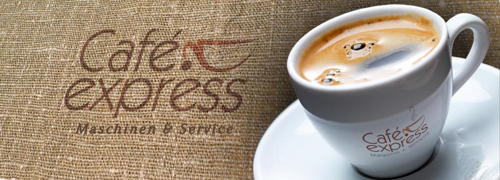 Banner cafe.express mit Kaffeetasse auf beigen Hintergrund